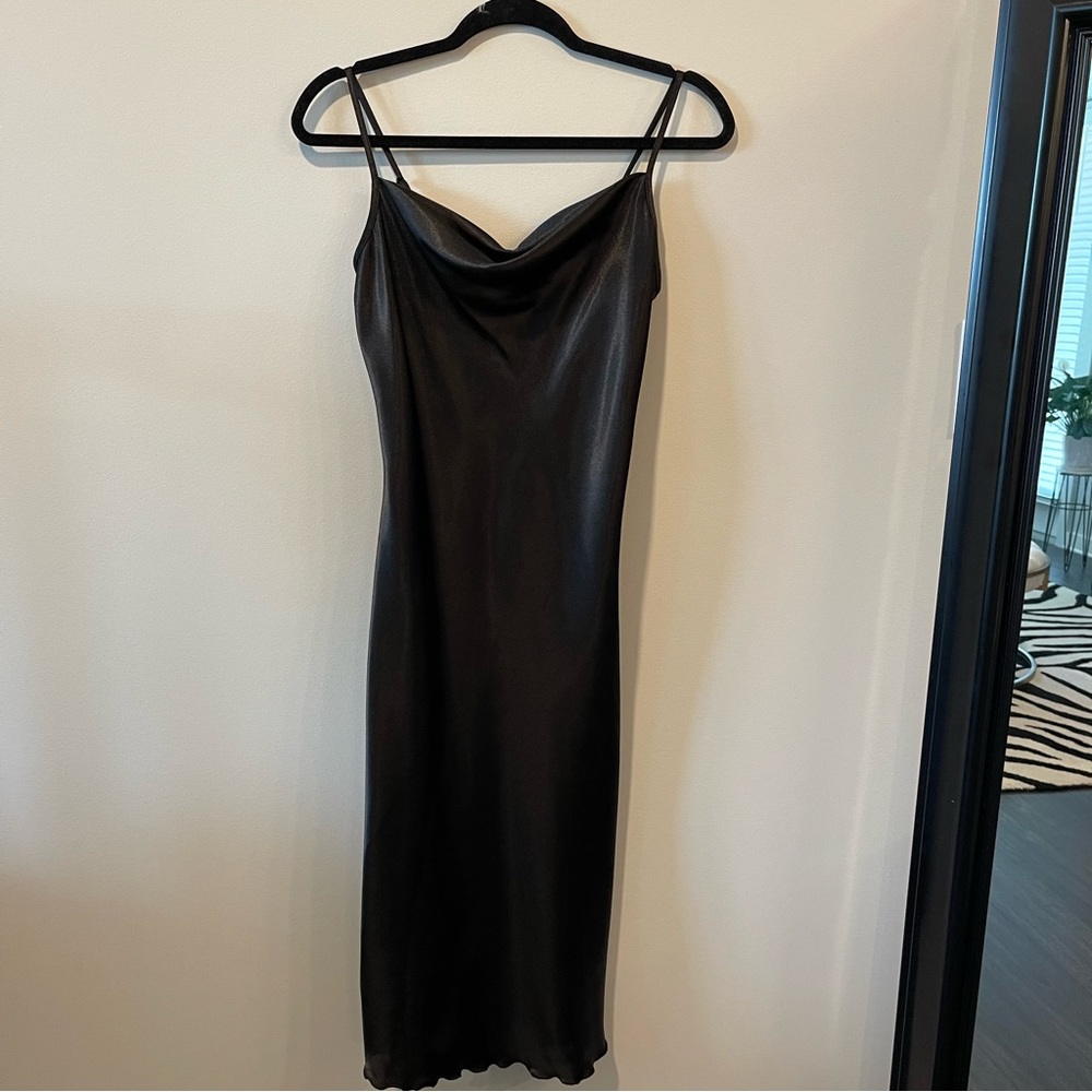 Bebe Satin Cowl Neck Slip Midi Dress
